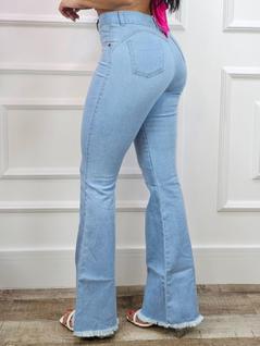Calça Jeans Feminina Flare Azul Clara Cintura Alta Cós Alto Empina Bumbum Elastano
