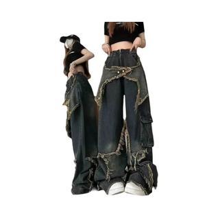 Calça Jeans Feminina Oversized De Perna Reta Com Lavagem Vintage, Estrela De Cinco Pontas 