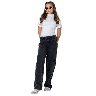 Calça Jeans Infantil Menina Cargo Wide Leg Pantalona Preto Estonado Grafite 08, 10, 12 ,14