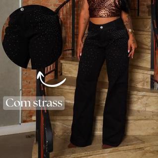 Calça Jeans Preta Wide Leg com Strass/ Aplicação de Brilho Feminina Cintura Alta - Preto -