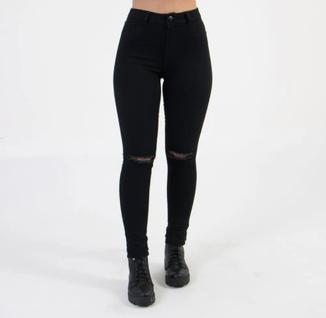 Calça Jeans Skinny Preta Cintura Alta Detalhe Rasgado Joelhos Corte Do Jeans Moderno Moda 