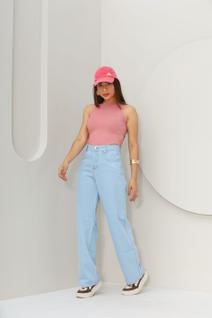 Calça jeans wide leg lisa feminina perna larga