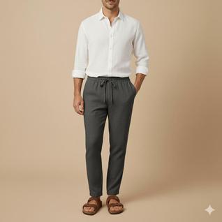 Calça Masculina de Linho Reta Elástico com Cordão Confortável Casual Social Praia Verão Ch