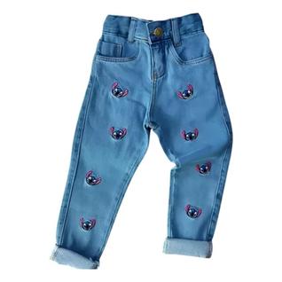 Calça Meninas Wide Leg Algodão Cintura Alta Estampada Stitch