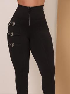Calça Modeladora Legging Power Feminino com Detalhe de Cintos Lateral e Ziper Elegante