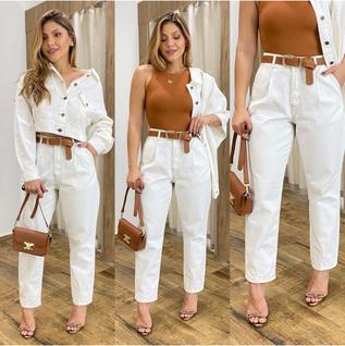 Calça Mom Feminina Jeans Cintura Alta Elegante cor branco