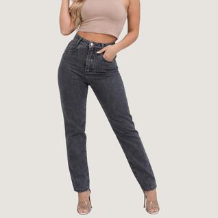 Calça Mom Jeans Feminina Cintura Alta Cinza Grafite Premium