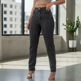 Calça Mom Jeans Feminina Cintura Alta Cinza Grafite Premium