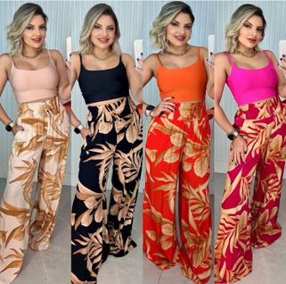 Calça pantalona estampada cos alto cintura alta