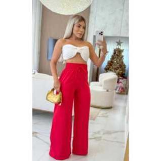 Calça Pantalona Feminina Cintura Alta Com Elástico Grosso