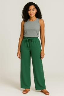 Calça Pantalona Feminina com Forro Shorts  Malha Duna Liso e Cós de Elástico Cor:VerdeTama