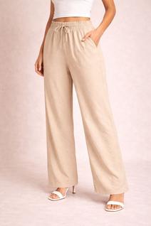 Calça Pantalona Feminina Linho Cós Elástico Bolsos Laterais Cor:BegeTamanho:P