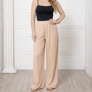Calça Pantalona Feminina Listrada de Alfaiataria com Elástico e Bolsos Cor:Listrado BegeTa