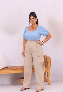 Calça Pantalona Plus Size Cargo com Cintura Alta Cor:BegeTamanho:46