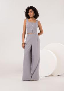 Calça Pantalona Riscas De Giz Zíper E Pregas Lunender C0147
