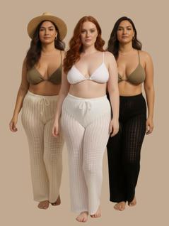 Calça Saída de Praia Feminina Slim e Plus Size em Tricô Crochê Boho Chic Piscina Praia Mod