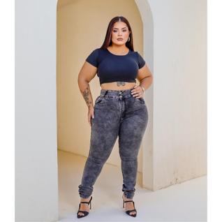 Calça Skinny Plus size feminina jeans Cintura alta chumbo marmorizada com dois botões, bol