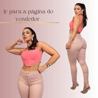 Calça Skinny Rose Feminina de Sarja com Lycra Cintura Alta Modelo Levanta Bumbum