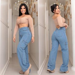 Calça Wide leg Cargo bolso do lado, Feminina Jeans Clara, Pantalona Cintura alta Premium