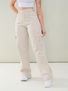Calça Wide Leg Feminina Bolso Cargo