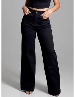 Calça Wide Leg Feminina Sawary Sarja Preta Cintura Alta Original Qualidade
