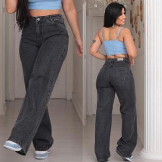 Calça Wide Leg Marmorizada Cinza/Chumbo Feminina Jeans Premium cintura alta Pantalona tend