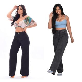 Calça Wide Leg Marmorizada Cinza/Chumbo Feminina Jeans Premium cintura alta Pantalona tend
