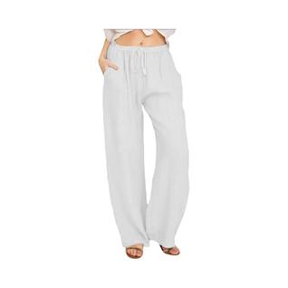 Calças Femininas De Algodão E Linho Com Pernas Largas, Cintura Elástica, Bolsos, Cor Sólid