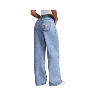 Calças Jeans De Cintura Alta Com Pernas Largas Para Mulheres, Com Bordado De Laço E Bolso,