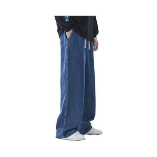 Calças Jeans Masculinas Baggy Com Cintura Elástica, Cor Sólida Clássica, Corte Reto, Perna