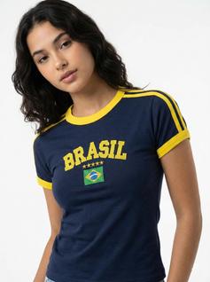 Camisa Brasil Bordada BabyLook Feminina bandeira