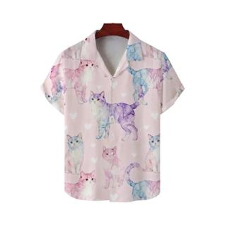 Camisa Casual Masculina De Verão Com Estampa De Gato, Manga Curta, Respirável E Moderna Pa