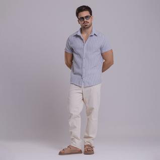 Camisa de Linho Listrada Masculina Social Gola Italiana Visco-Linho Manga Curta Gola Itali
