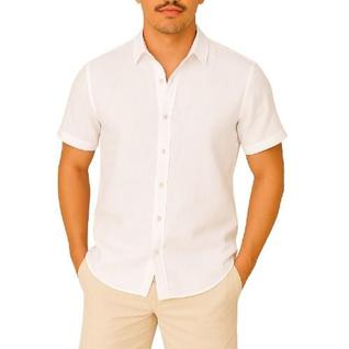 Camisa de Linho Manga curta Social Verão Fresca Gola Italiana Elegante em Visco-Linho