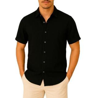 Camisa de Linho Manga curta Social Verão Fresca Gola Italiana Elegante em Visco-Linho