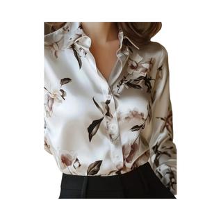 Camisa Feminina De Cetim Com Estampa Floral, Decote V, Manga Longa, Botões, Blusa Formal E