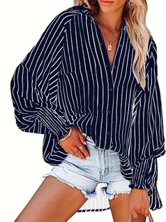 Camisa Feminina Plus Size Listrada com Decote V - Manga Comprida e Botões - Tamanhos 1XL-5