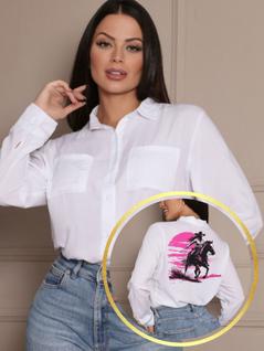 Camisa Feminina Social Branca com Estampa Country Moda Sertaneja Blusa Com Botão Casual Co
