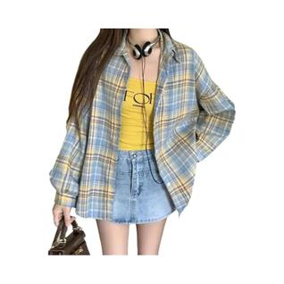 Camisa Jaqueta Feminina Oversized Xadrez Tartan Manga Longa Com Botões Estilo Grunge Para 