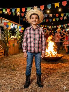 Camisa Junina Xadrez Infantil Liam Branco - Manga Longa