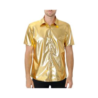 Camisa Masculina Brilhante Metálica Estilo Disco Manga Curta Com Botões Para Festa Anos 70