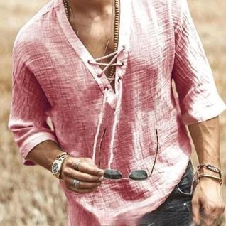 Camisa Masculina Casual De Verão Com Decote Em V E Manga De Sete Quartos Em Cor Sólida