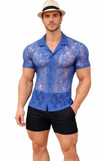 Camisa Masculina de Renda Manga Curta Verão Aesthetic