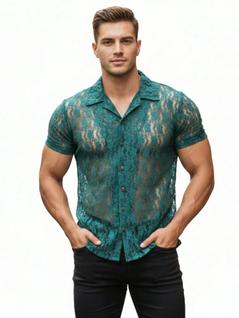Camisa Masculina de Renda Premium - Transparência Chic Muscle Fit Estilo Resort