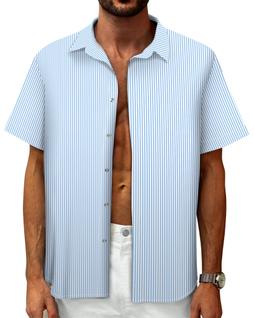 Camisa Mizvsitrd listrada para homens com botões, manga curta, azul