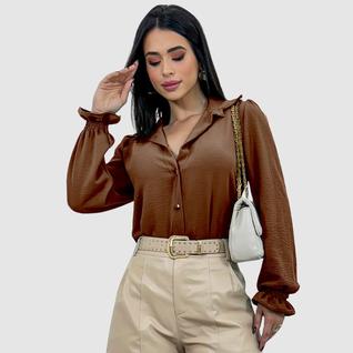 Camisa Social Feminina Manga Longa Bufante Lastex Botões Duna