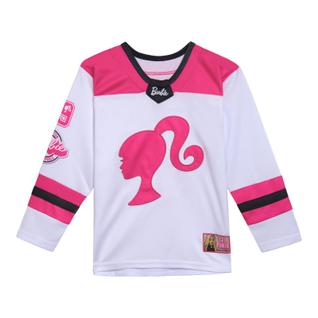 Camiseta Barbie Big Girls Hockey Jersey rosa/branca 10-12