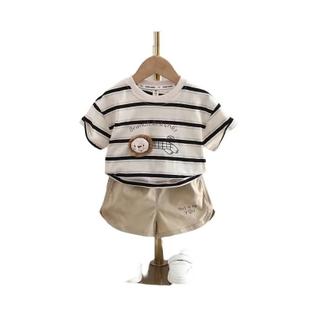 Camiseta e shorts listrados meninos com gola redonda, roupa casual infantil, conjuntos de 