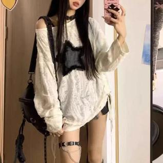 Camiseta Feminina Oversized Y2K Com Estampa De Estrelas, Manga Longa, Ombro Caído, Estilo 
