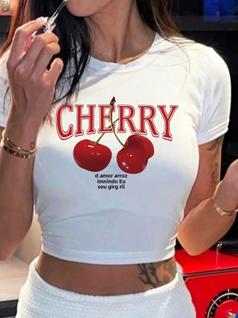 Camiseta Feminina Y2K com Estampa de Cereja - Manga Curta
